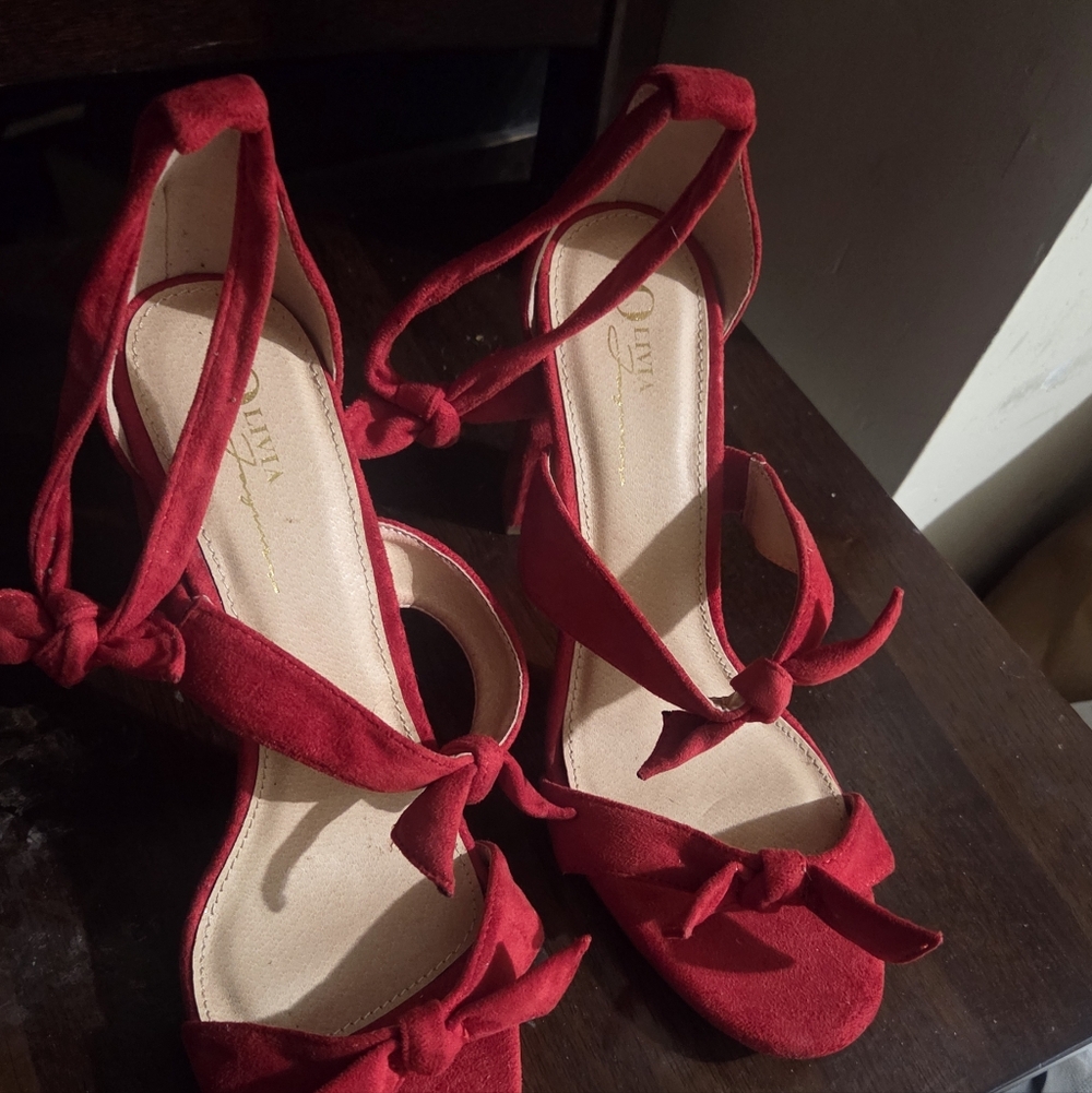 Olivia Miller Red Suede Knot-Tie Heels